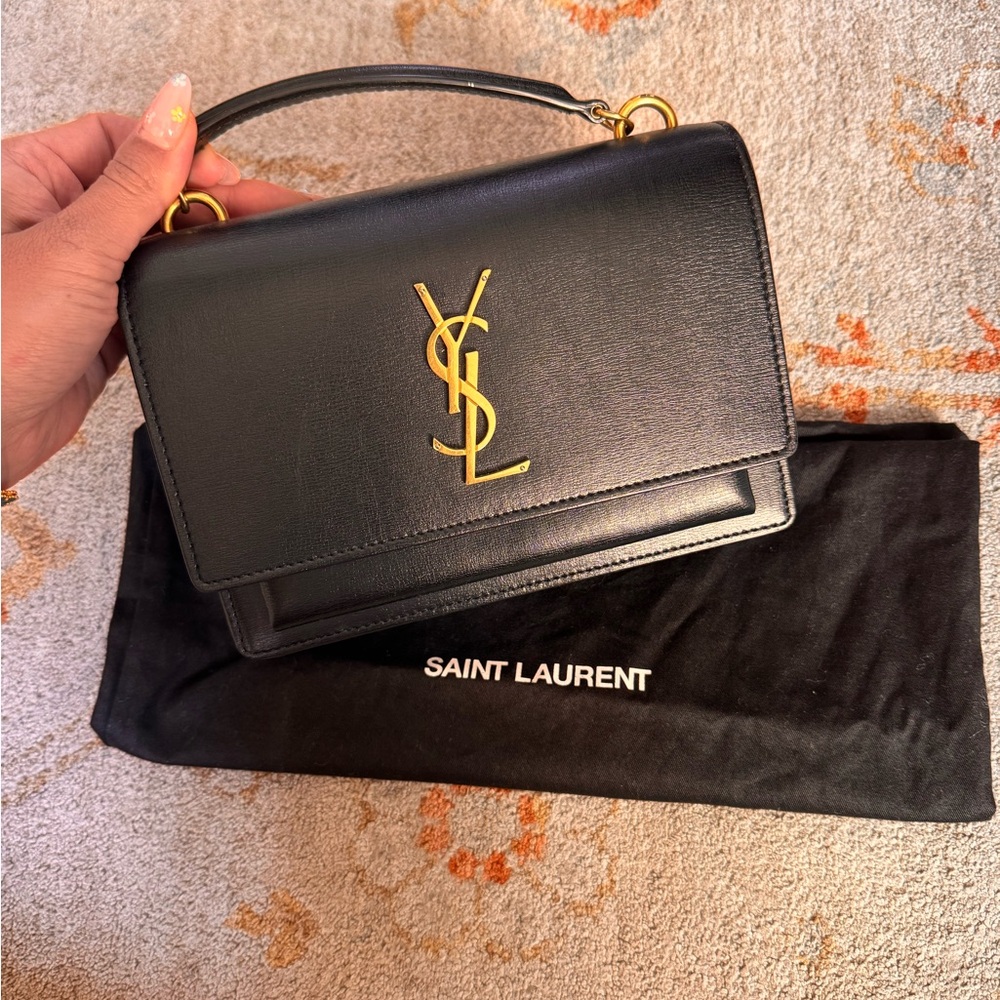 Saint Laurent Sunset Chain Wallet Black Calfskin YSL Monogram Crossbody Gold